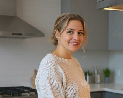 Smiling woman in a modern kitchen, representing the author of a blog post on how to optimize SEO