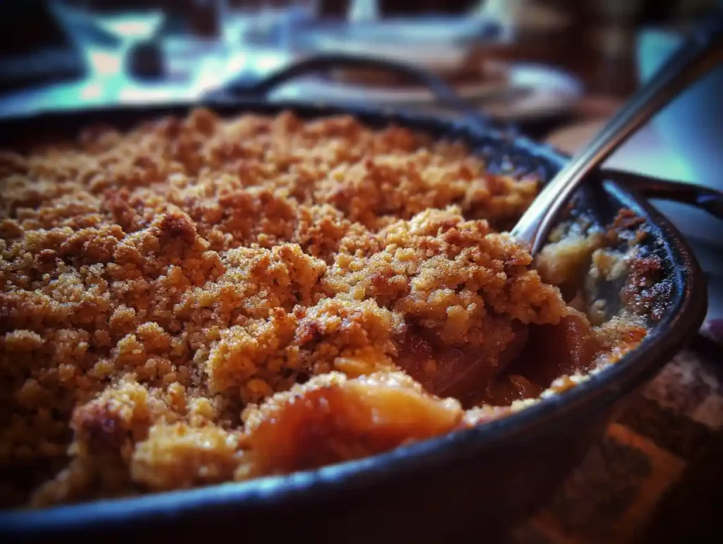 Quick desserts to bake - apple crisp close-up in skillet