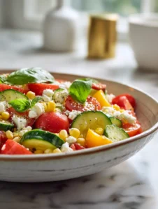 summer salads easy recipe featuring chopped vegetables and herbs arranged beautifully in a rustic bowl on marble countertop