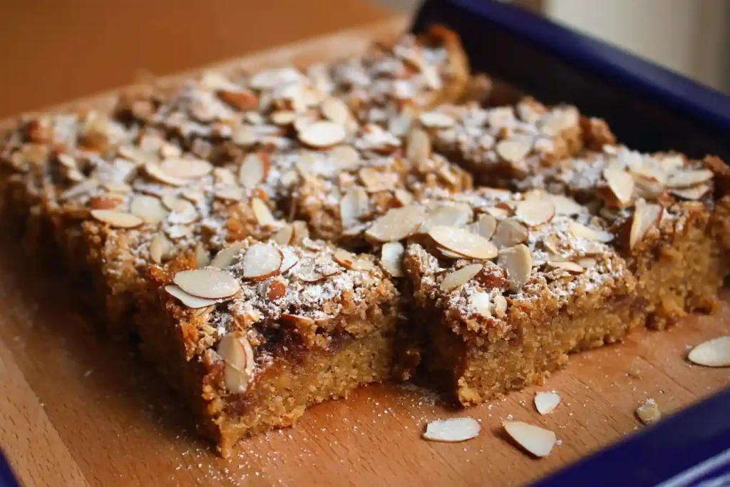 almond croissant protein blondies cut into squares with sliced almonds on top