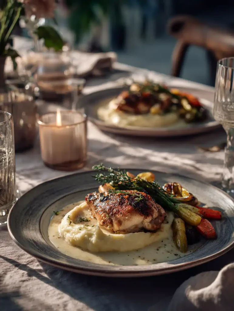 creamy garlic chicken recipe plated with mashed potatoes and roasted vegetables at dinner party