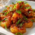 Close-up of crispy firecracker shrimp with sesame and scallions