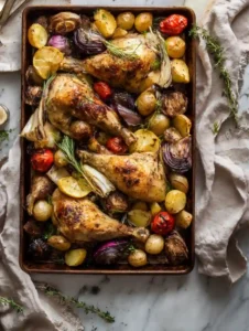 roasted sheet pan chicken legs with vegetables and herbs on marble surface
