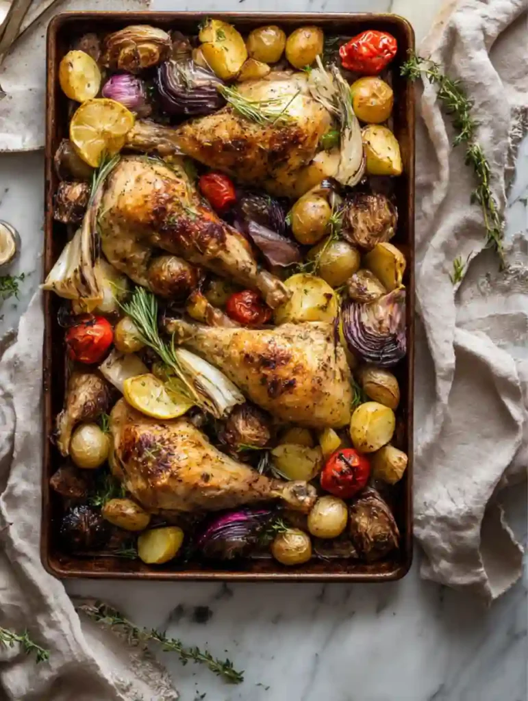 roasted sheet pan chicken legs with vegetables and herbs on marble surface