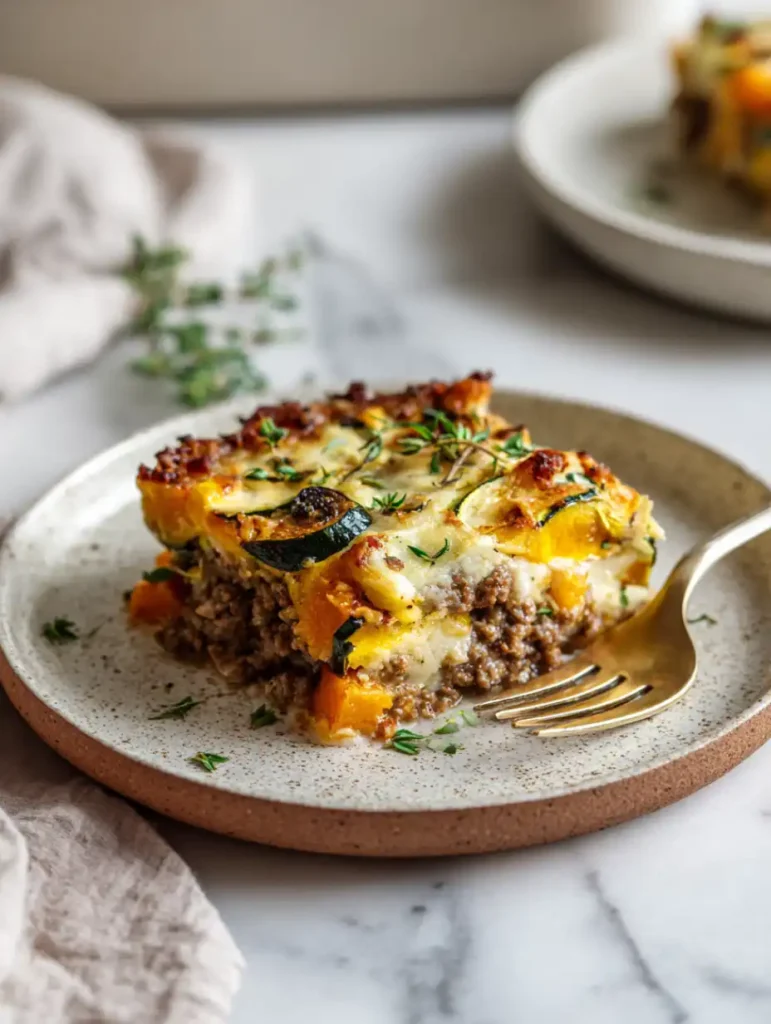 slice of squash and hamburger casserole served on plate