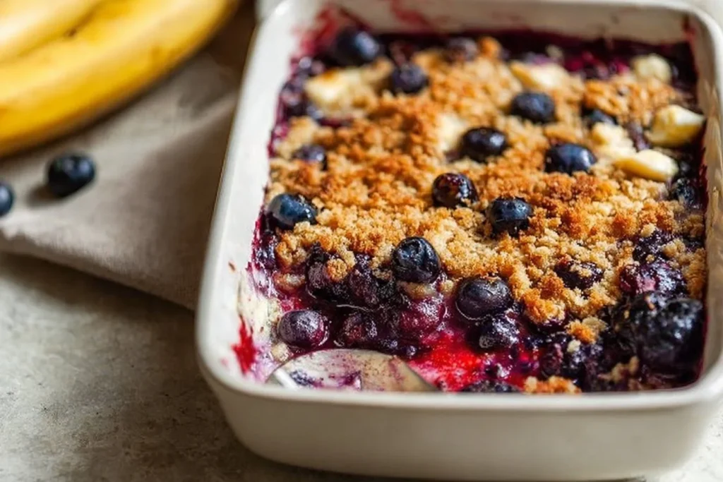 A serving of baked oatmeal topped with fresh blueberries and banana slices