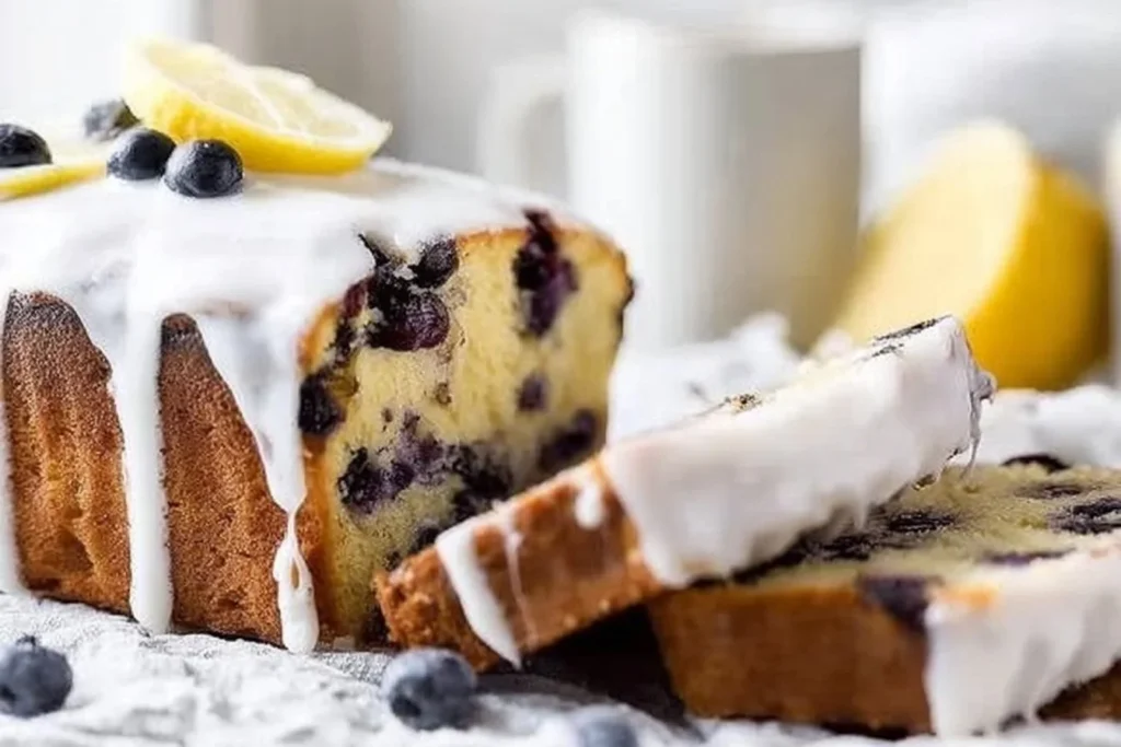 Delicious Lemon Blueberry Pound Cake with blueberries and lemon zest